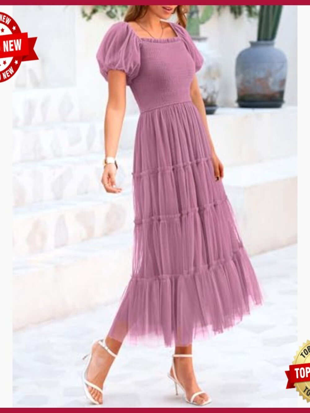 Smocked Midi Tulle Dress Puffy Sleeve Square Neck Wedding Guest Party - Picture 3 of 7
